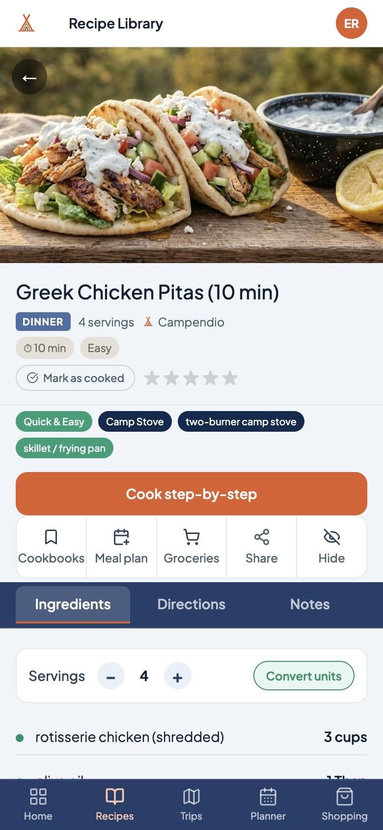 Recipe for Greek chicken pitas with servings, ingredients and a Cook step-by-step button